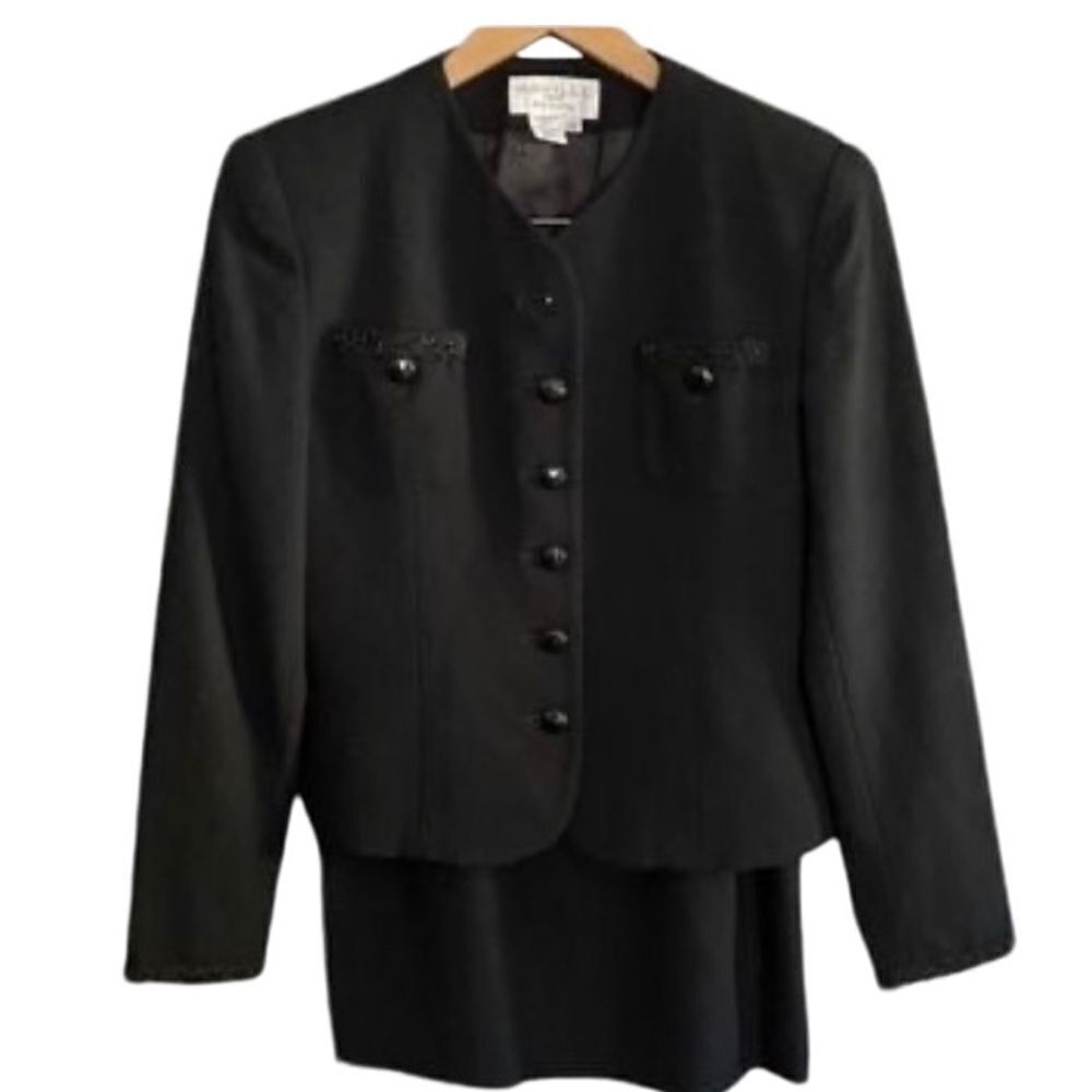Saville Vintage suit 100% worsted wool embellished, black blazer and skirt set S